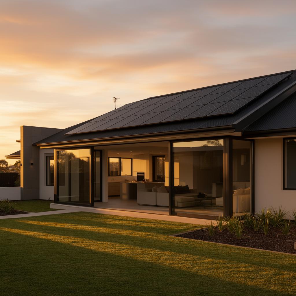 Modern Australian home with rooftop solar panels at golden hour